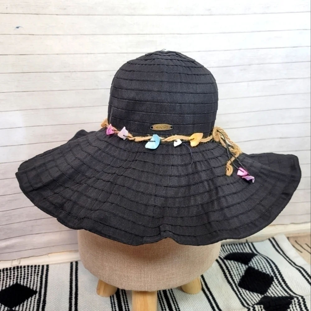 PANAMA JACK WIDE BRIM CRUSHABLE BLACK HAT, W REAL SEASHELL TRIM DETAIL